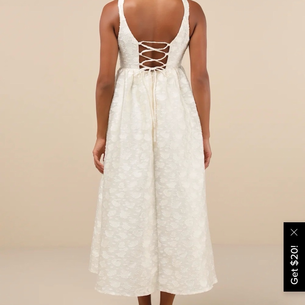 Lulus Immaculate Elegance Cream Jacquard Lace-Up Midi Dress - Picture 2 of 7
